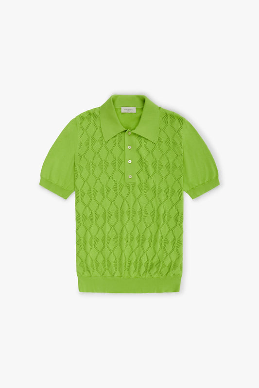 Fluorescent green crochet short-sleeved polo shirt