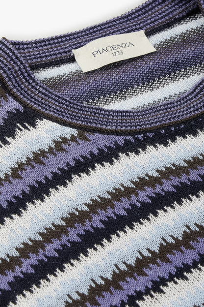 Maglia maniche corte ikat stripe jacquard azzurro e marrone