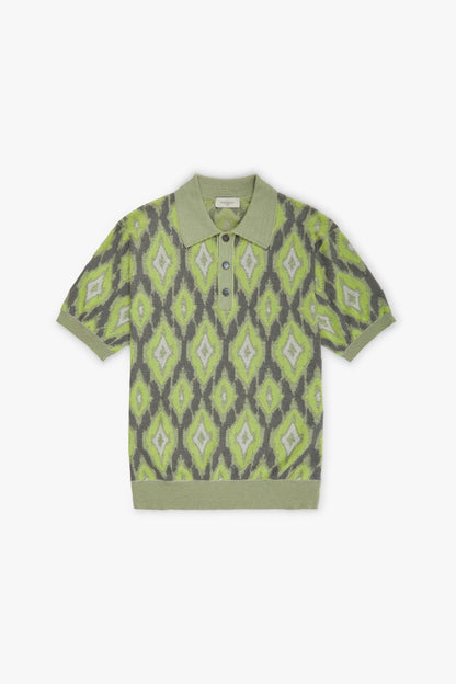 Green ikat argyle jacquard fil a fil polo shirt