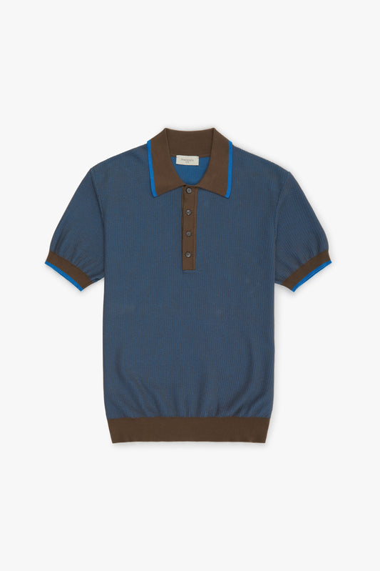 Electric blue and brown two tone fish scale polo shirt