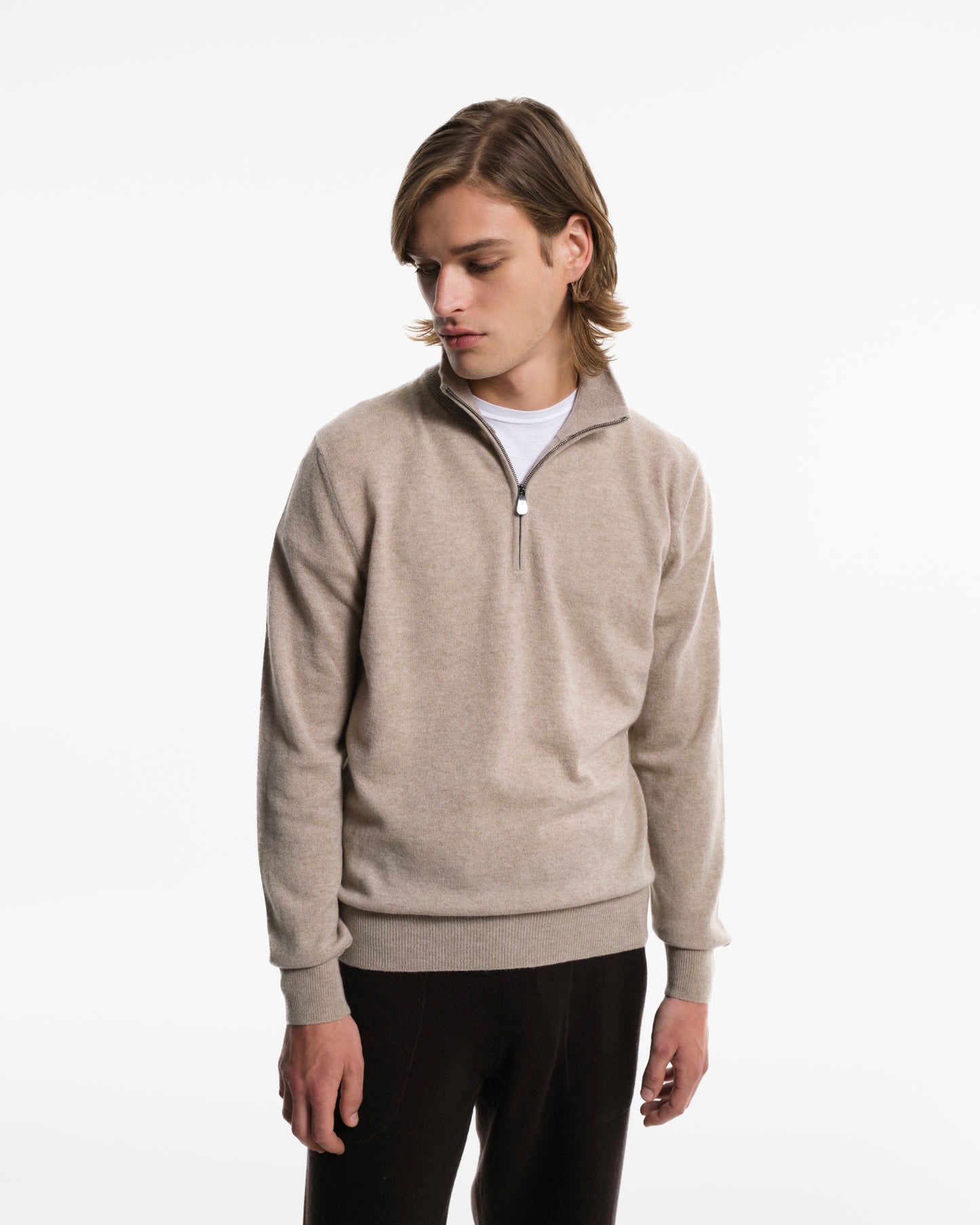 Zip turtleneck in pure natural Cashmere