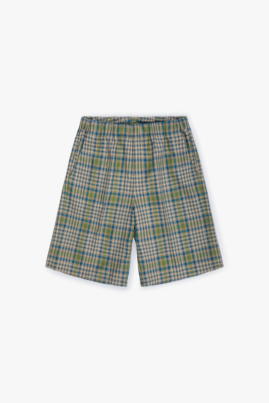 Plain blue and green Bermuda shorts