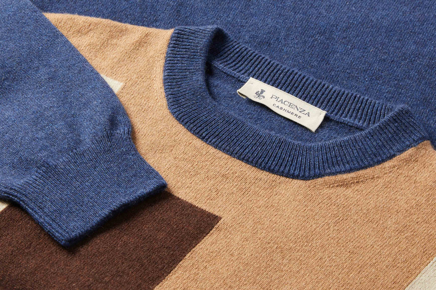 Blue and beige inlay crewneck sweater