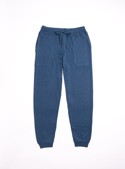 Pantalone jogging blu in cashmere rasato con fondo a costina