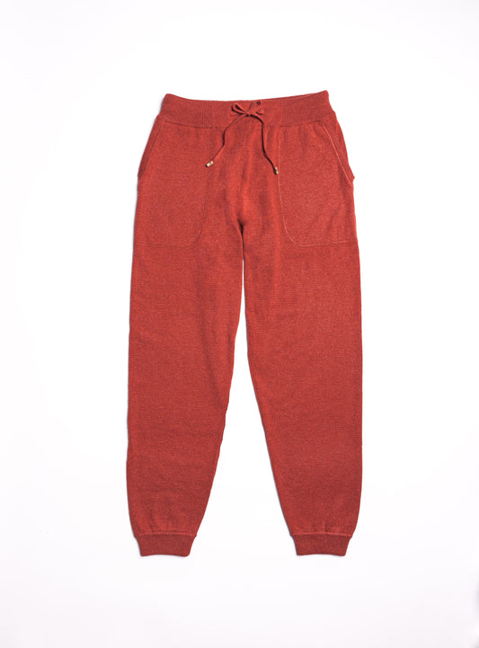 Pantalone jogging color mattone in cashmere rasato con fondo a costina