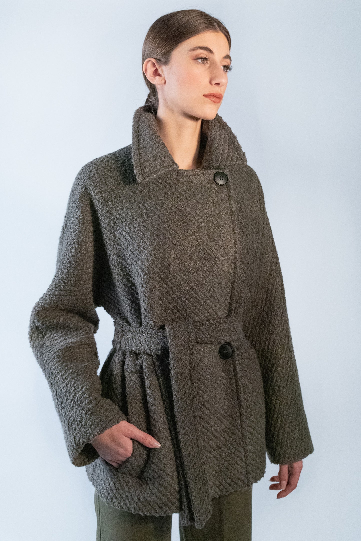 short taupe coat with belt