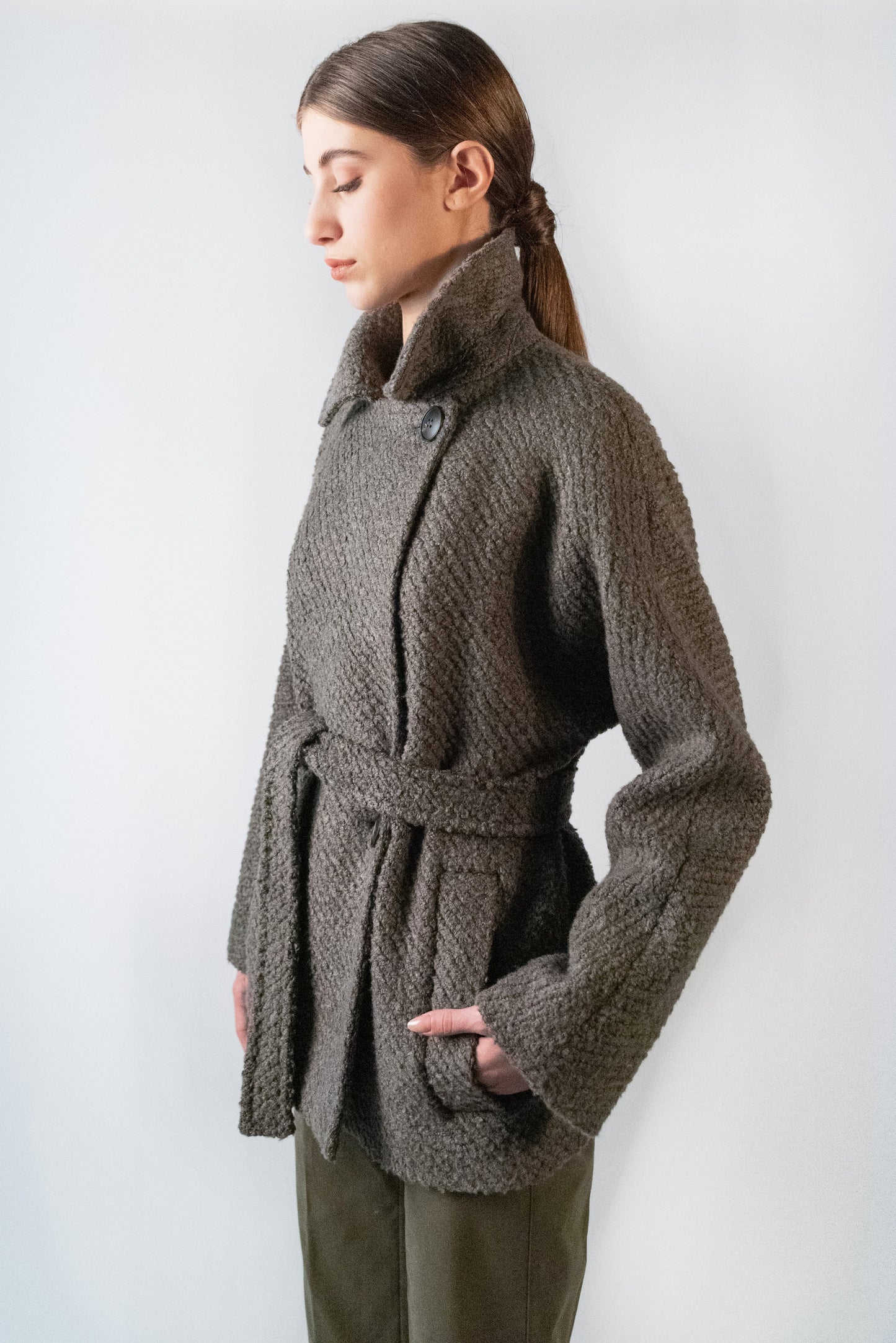 short taupe coat with belt
