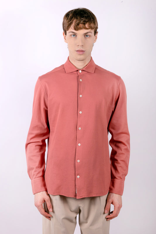 Long-sleeved pink piquet shirt in cotton