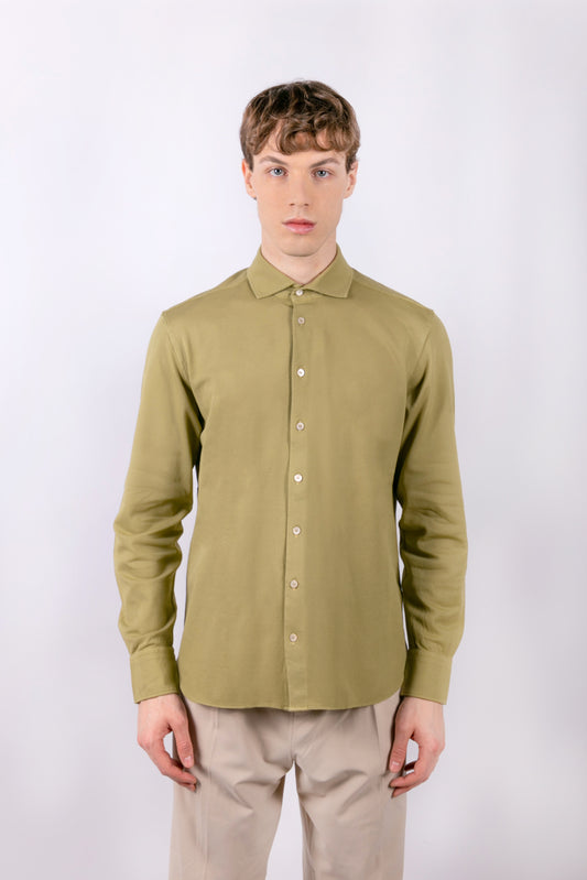 Long-sleeved green pique shirt in cotton
