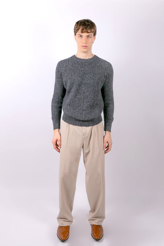 Crew neck sweater in natural and blue melange