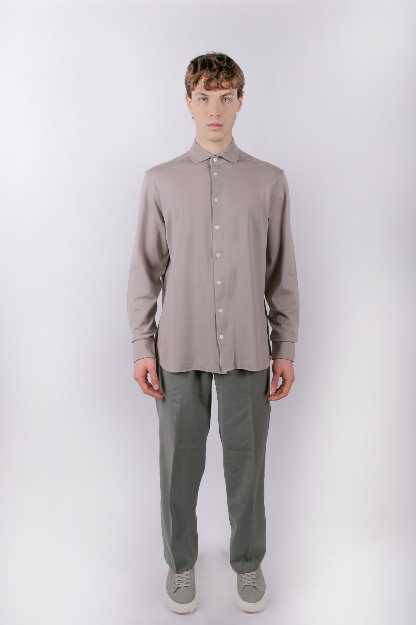 Gray piqué long sleeve shirt in cotton