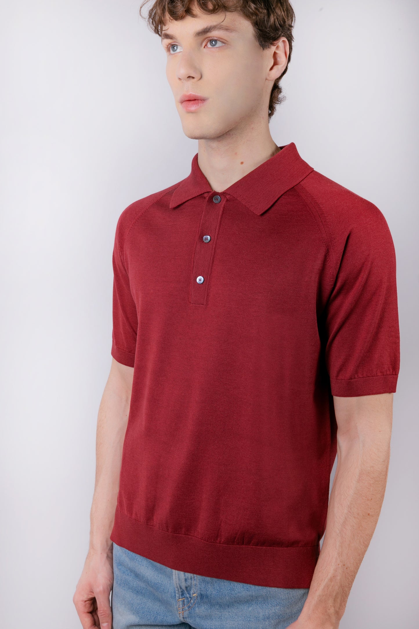 Burgundy short-sleeved polo shirt in silk and cotton