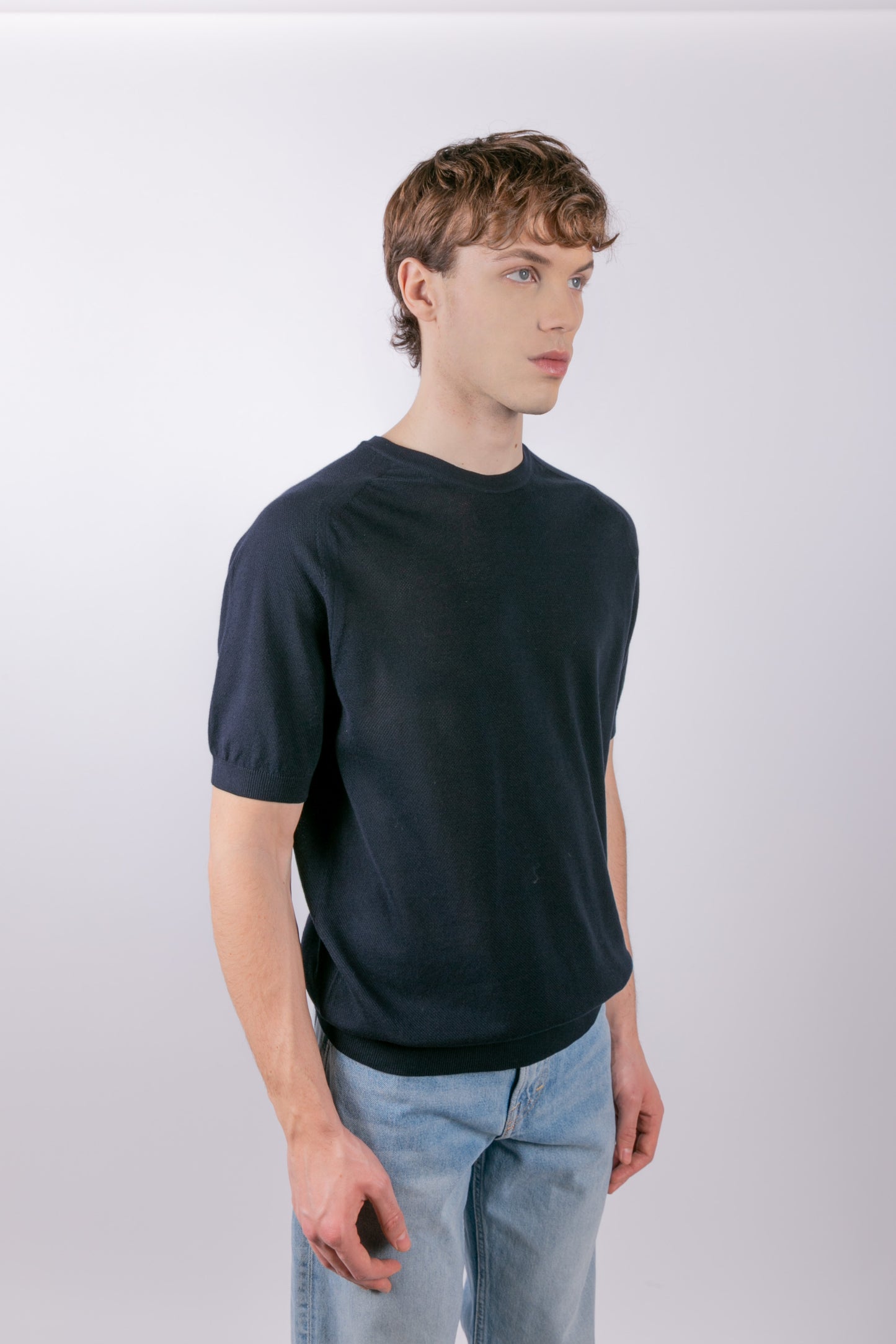 Blue t-shirt in perforated pure cotton